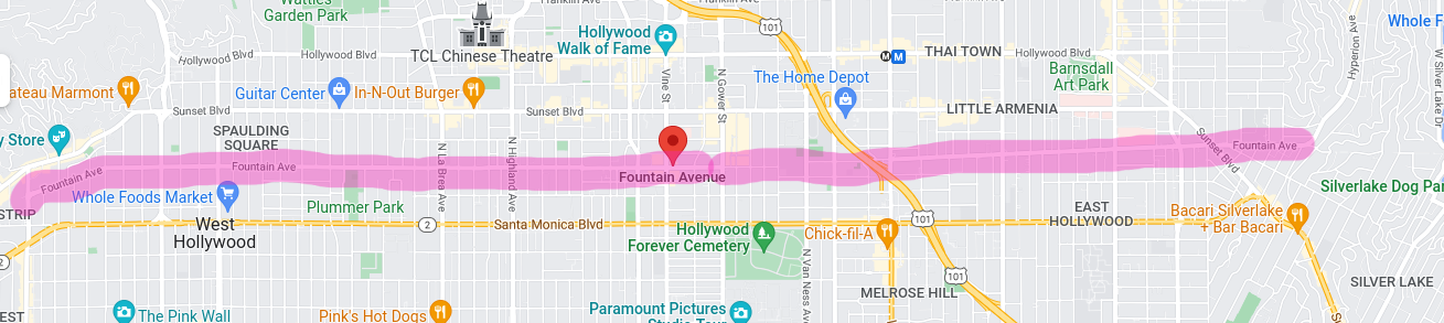 A map of West Hollywood, Hollywood, and East Hollywood showing the entire length of Fountain Avenue in Los Angeles.